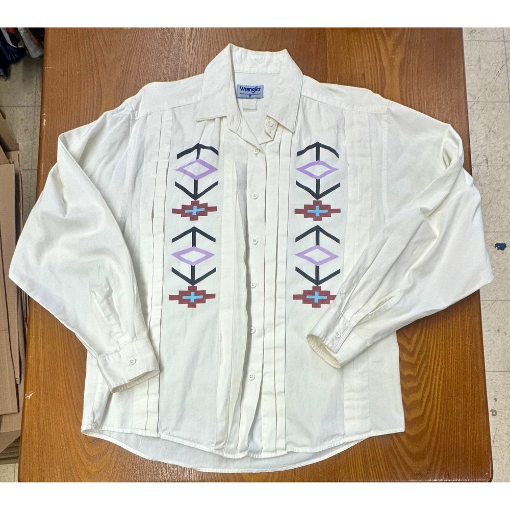 Vintage Wrangler Mens Western Button Down Shirt Ivory Aztec Pleated Medium